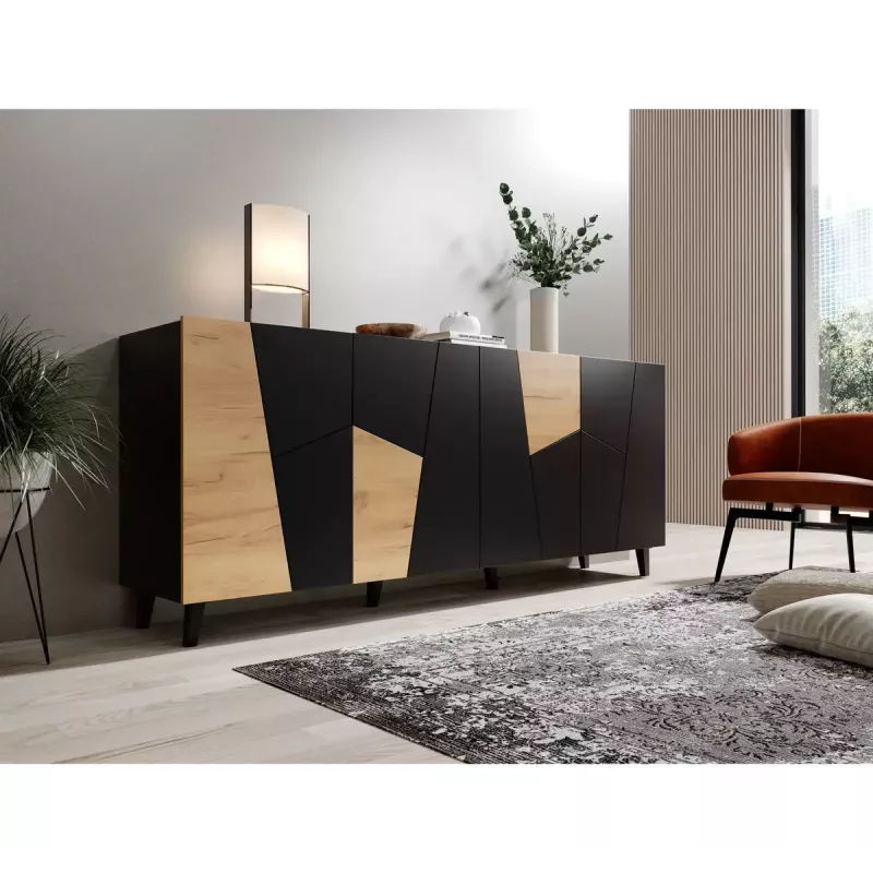 Cómoda cama meble ETNA 200x42x82 cm, preto mate com carvalho rústico, aglomerado