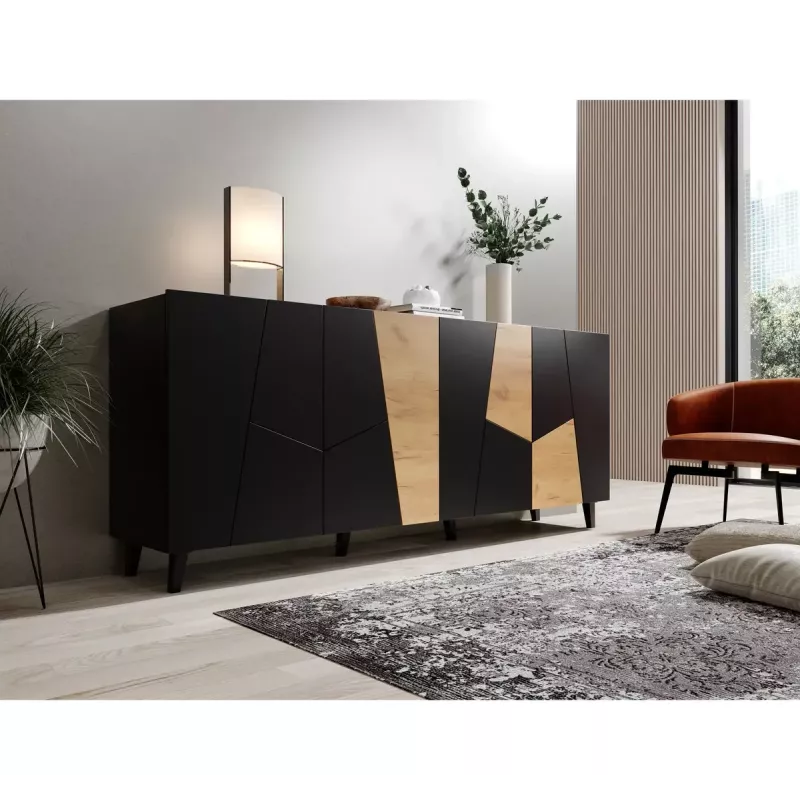 Cómoda cama meble ETNA 200x42x82 cm, preto mate com carvalho rústico, aglomerado