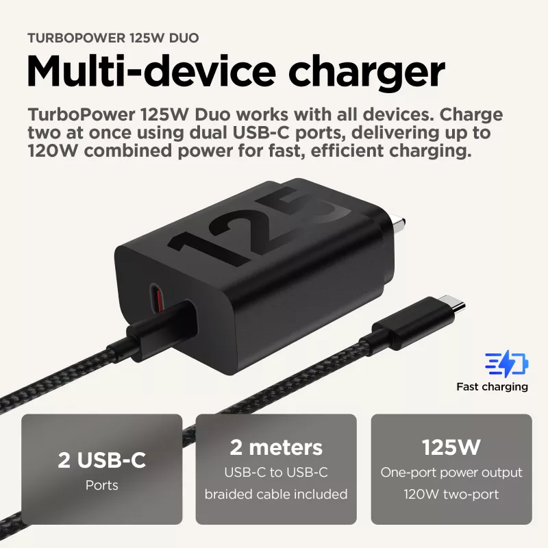 Carregador Motorola TurboPower 125W Duo Universal preto AC carregamento rápido para interiores