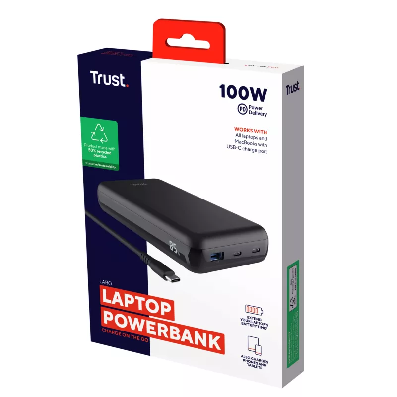 Trust Laro - Powerbank - 20000 mAh - 100 Watt - 5 A - QC 3,0, Power Delivery 3,0 + PPS - 3 portas de saída (4 pin USB Type A (QC 3,0), 2 x 24-