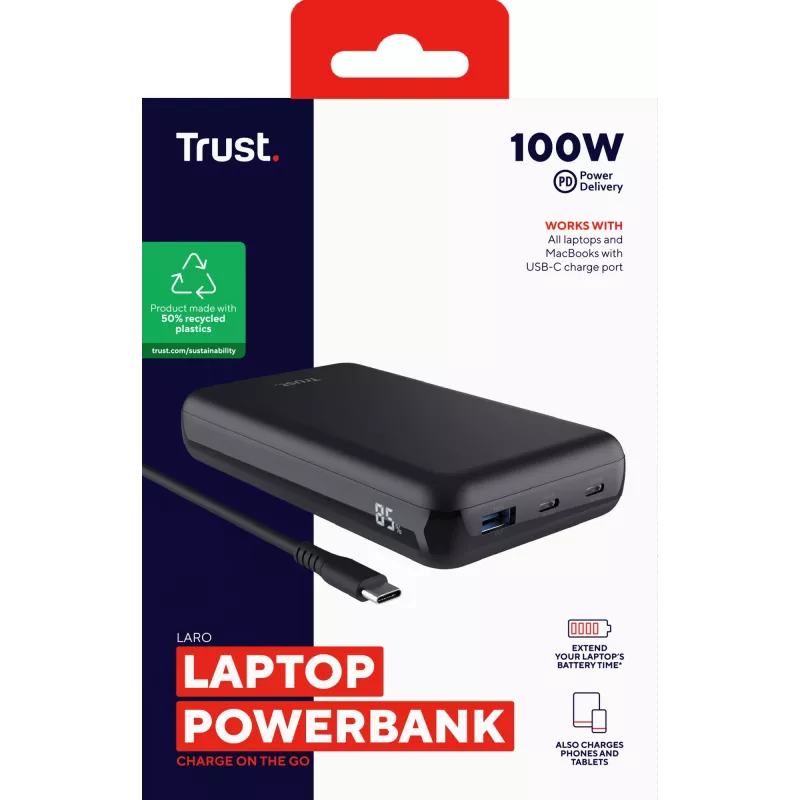 Trust Laro - Powerbank - 20000 mAh - 100 Watt - 5 A - QC 3,0, Power Delivery 3,0 + PPS - 3 portas de saída (4 pin USB Type A (QC 3,0), 2 x 24-