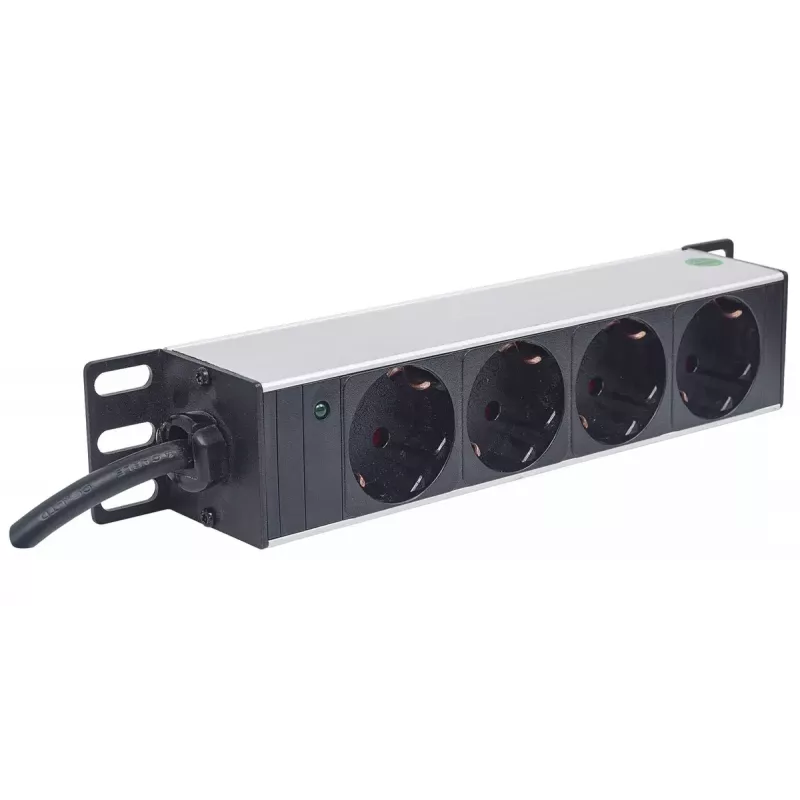 Régua de tomadas INTELLINET 10 polegadas 1HE para rack, 4 tomadas tipo F, 250 V, 15 A, cabo de 1,8 m, cinzento