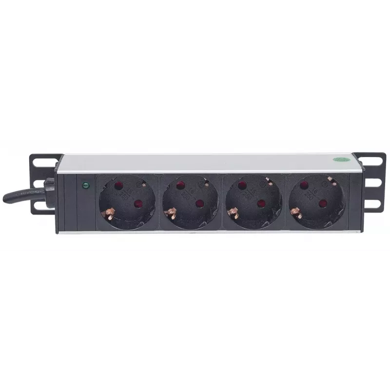 Régua de tomadas INTELLINET 10 polegadas 1HE para rack, 4 tomadas tipo F, 250 V, 15 A, cabo de 1,8 m, cinzento