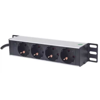 Régua de tomadas INTELLINET 10 polegadas 1HE para rack, 4 tomadas tipo F, 250 V, 15 A, cabo de 1,8 m, cinzento