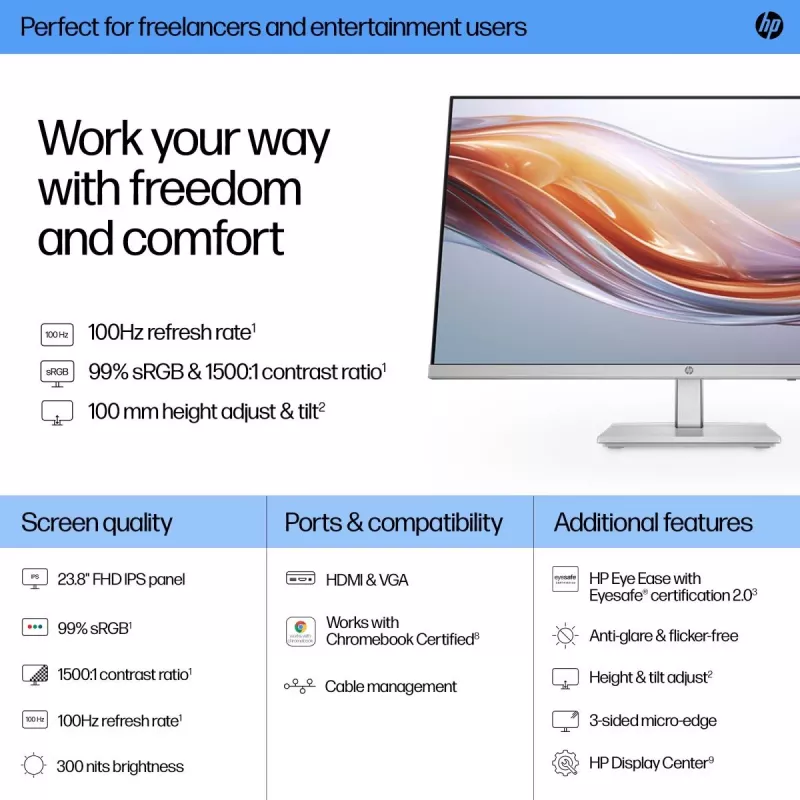 Monitor de secretária HP – Série 5 524sh – 24 inch – 1920x1080 (FHD) – IPS – Altura ajustável