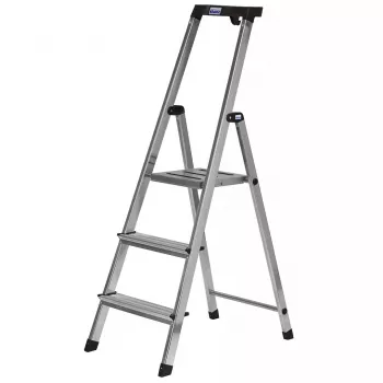 Escada dobrável Krause 126313 — escadote de alumínio com 3 degraus, altura máxima 140 cm, capacidade de carga 150 kg, degraus e pés antiderrapantes