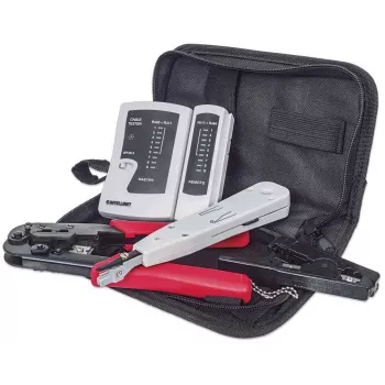 Kit de ferramentas de rede INTELLINET 4 peças — ferramenta de inserção, ferramenta de cravar, testador de cabos de rede, preto