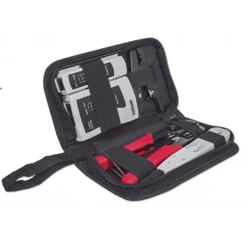 Kit de ferramentas de rede INTELLINET 4 peças — ferramenta de inserção, ferramenta de cravar, testador de cabos de rede, preto