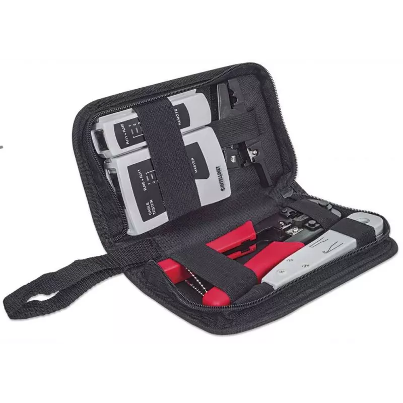 Kit de ferramentas de rede INTELLINET 4 peças — ferramenta de inserção, ferramenta de cravar, testador de cabos de rede, preto