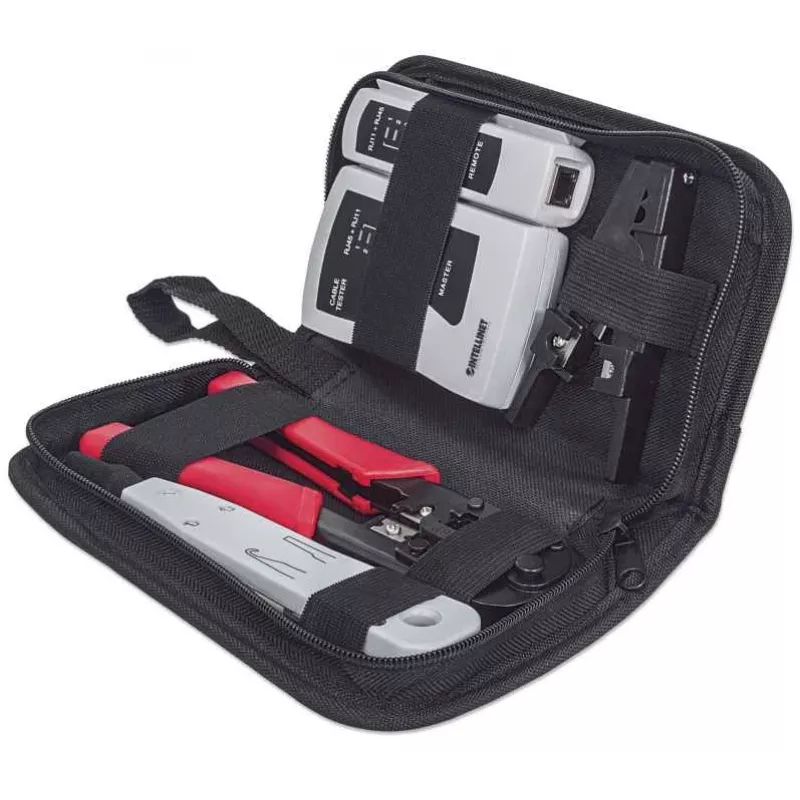 Kit de ferramentas de rede INTELLINET 4 peças — ferramenta de inserção, ferramenta de cravar, testador de cabos de rede, preto