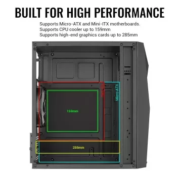 Caixa de PC AEROCOOL Raider Mini G V3 Mini-ITX / microATX, preto, janela lateral, LED verde, GPU máx. 285 mm, dissipador da CPU 159 mm