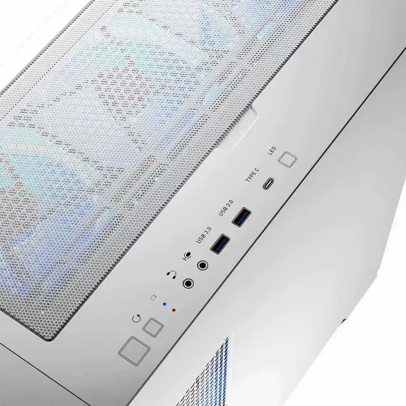 Caixa de PC MODECOM HORIZON FLOW MIDI branco — Torre Midi, ARGB, vidro temperado, micro ATX, USB-C, 3x140 mm frente, 1x140 mm traseira, GPU até 400 mm, altura do dissipador da CPU 172 mm