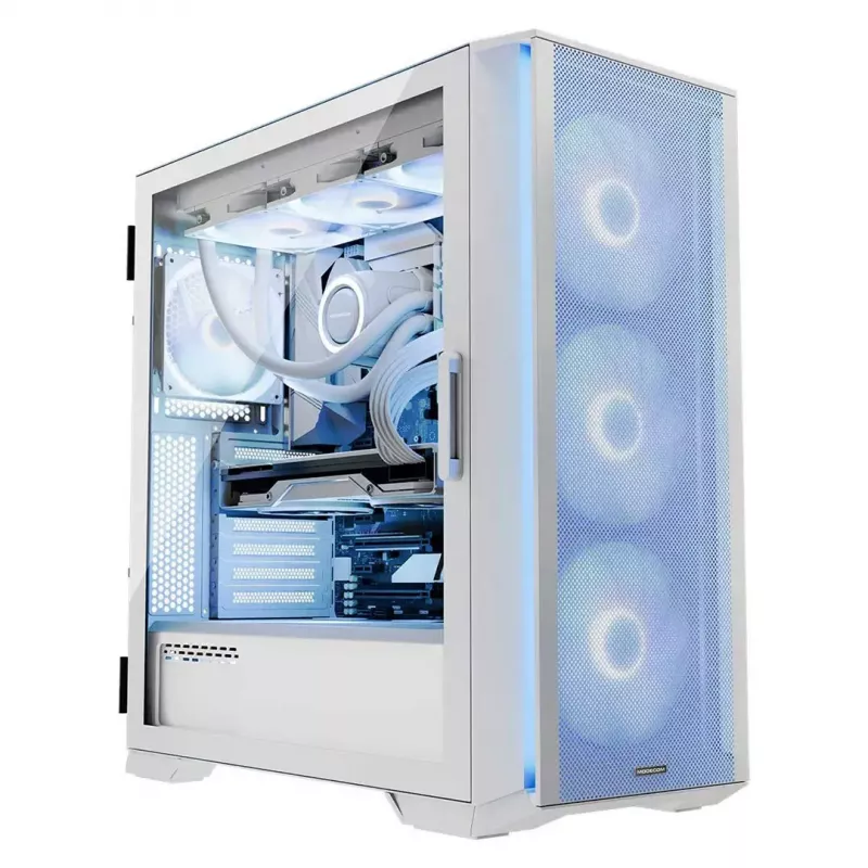 Caixa de PC MODECOM HORIZON FLOW MIDI branco — Torre Midi, ARGB, vidro temperado, micro ATX, USB-C, 3x140 mm frente, 1x140 mm traseira, GPU até 400 mm, altura do dissipador da CPU 172 mm