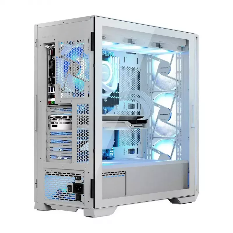 Caixa de PC MODECOM HORIZON FLOW MIDI branco — Torre Midi, ARGB, vidro temperado, micro ATX, USB-C, 3x140 mm frente, 1x140 mm traseira, GPU até 400 mm, altura do dissipador da CPU 172 mm