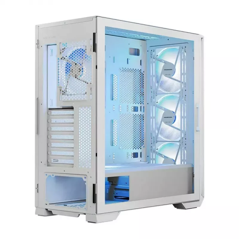 Caixa de PC MODECOM HORIZON FLOW MIDI branco — Torre Midi, ARGB, vidro temperado, micro ATX, USB-C, 3x140 mm frente, 1x140 mm traseira, GPU até 400 mm, altura do dissipador da CPU 172 mm