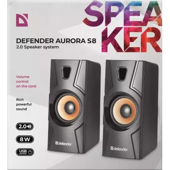 Altifalante de secretária com fios DEFENDER Aurora S8 — 2.0, 8 W RMS, alimentação USB, 3,5 mm, preto