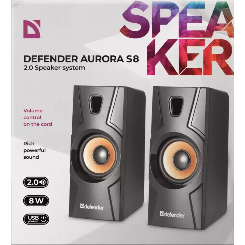 Altifalante de secretária com fios DEFENDER Aurora S8 — 2.0, 8 W RMS, alimentação USB, 3,5 mm, preto