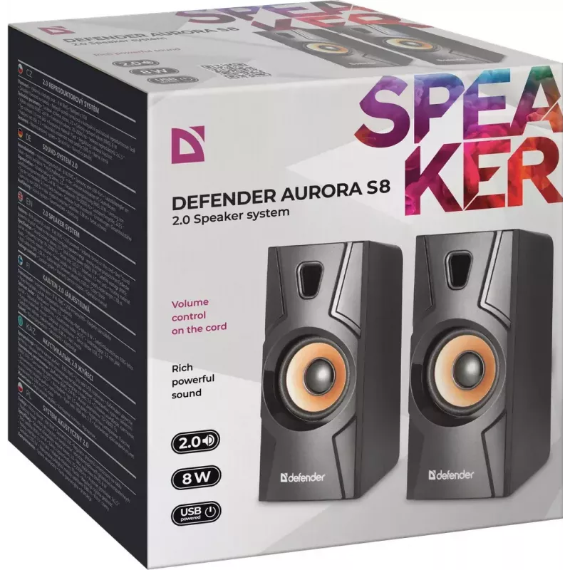 Altifalante de secretária com fios DEFENDER Aurora S8 — 2.0, 8 W RMS, alimentação USB, 3,5 mm, preto