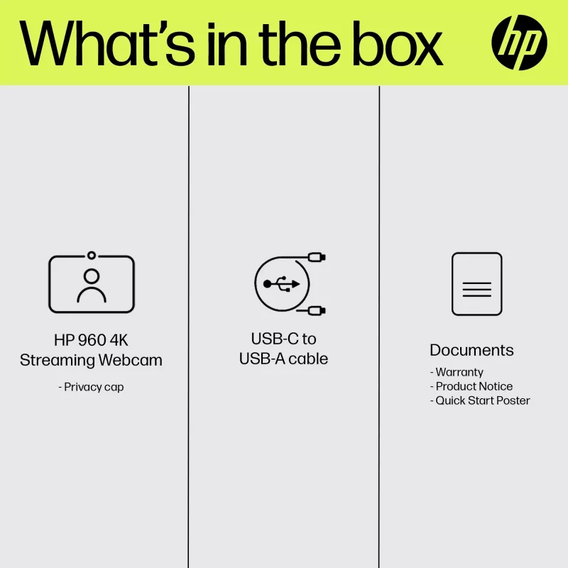 Webcam de streaming HP 960 4K, 8 MP, 3840 x 2160 píxeis, 4K Ultra HD, 30 fps, 5x, casa