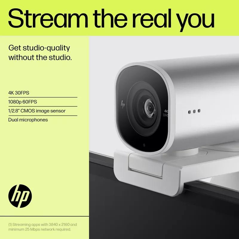 Webcam de streaming HP 960 4K, 8 MP, 3840 x 2160 píxeis, 4K Ultra HD, 30 fps, 5x, casa