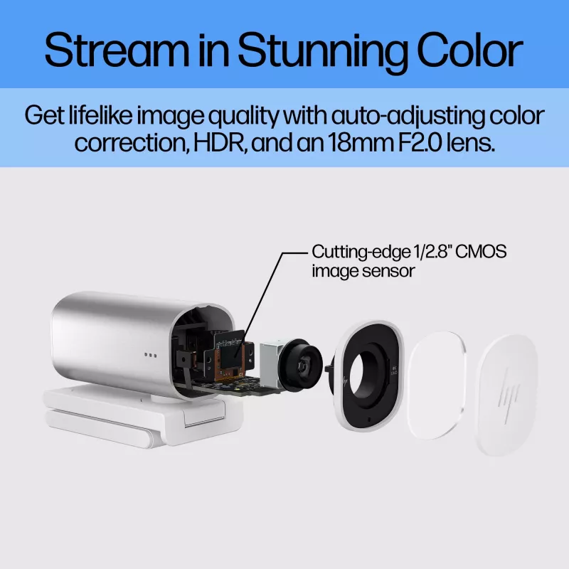 Webcam de streaming HP 960 4K, 8 MP, 3840 x 2160 píxeis, 4K Ultra HD, 30 fps, 5x, casa