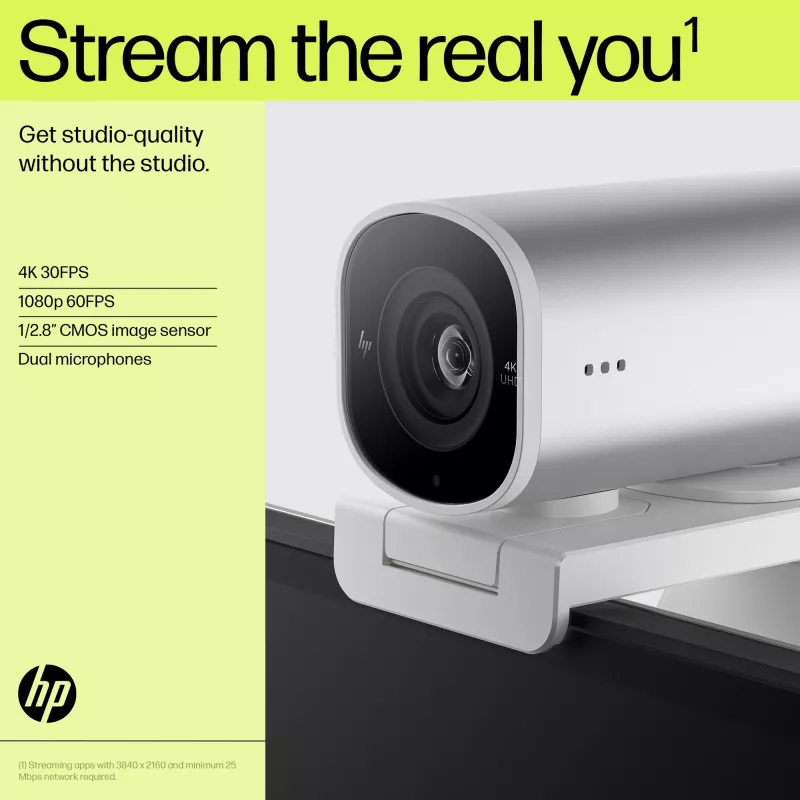Webcam de streaming HP 960 4K, 8 MP, 3840 x 2160 píxeis, 4K Ultra HD, 30 fps, 5x, casa