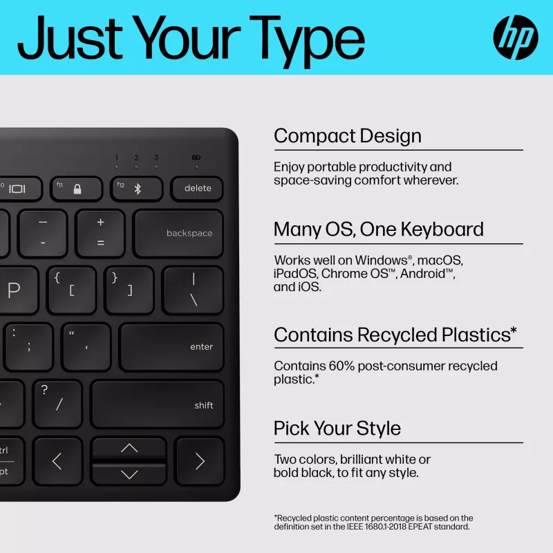 Teclado HP 350 compacto multi-dispositivo Bluetooth, sem fios, Bluetooth, mecânico, QWERTY, preto