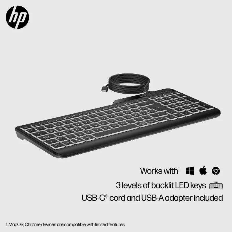 Teclado HP 400 com fios e retroiluminação, tamanho completo (100%), cabo, USB, mecânico, QWERTY, preto