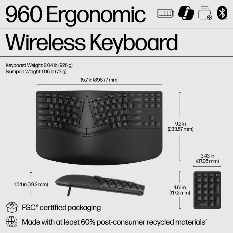 Teclado HP 960 ergonómico sem fios, formato completo (100%), sem fios, RF sem fios + Bluetooth, membrana, QWERTZ, preto