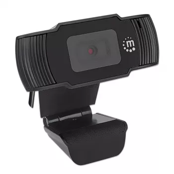 Manhattan Webcam USB, dois megapixels (preço especial), 1080p Full HD, USB-A, microfone integrado, base de fixação ajustável, 30 imagens por segundo, preto, três anos de garantia, caixa