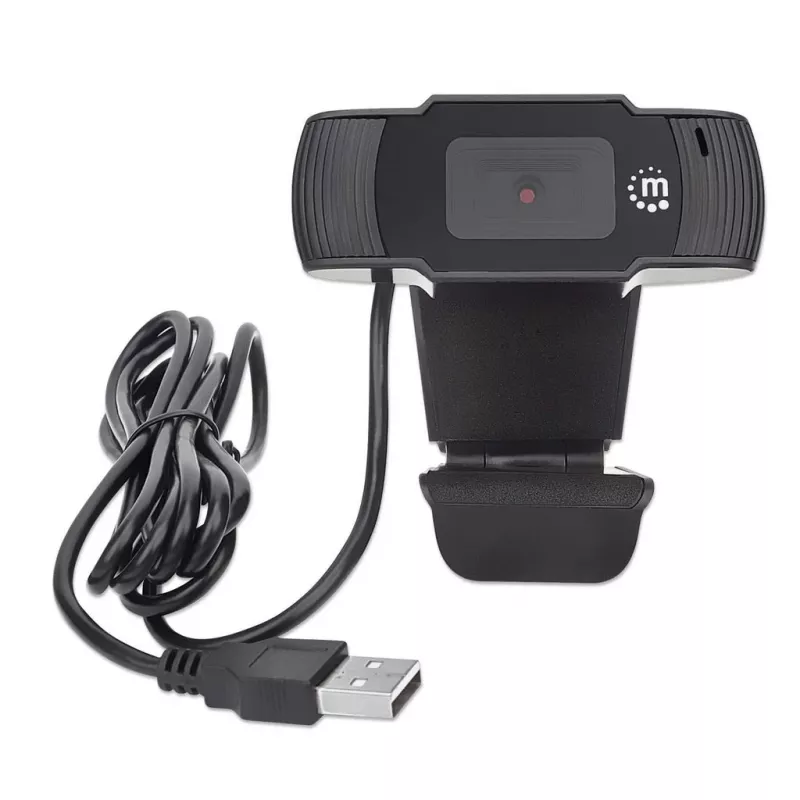 Manhattan Webcam USB, dois megapixels (preço especial), 1080p Full HD, USB-A, microfone integrado, base de fixação ajustável, 30 imagens por segundo, preto, três anos de garantia, caixa