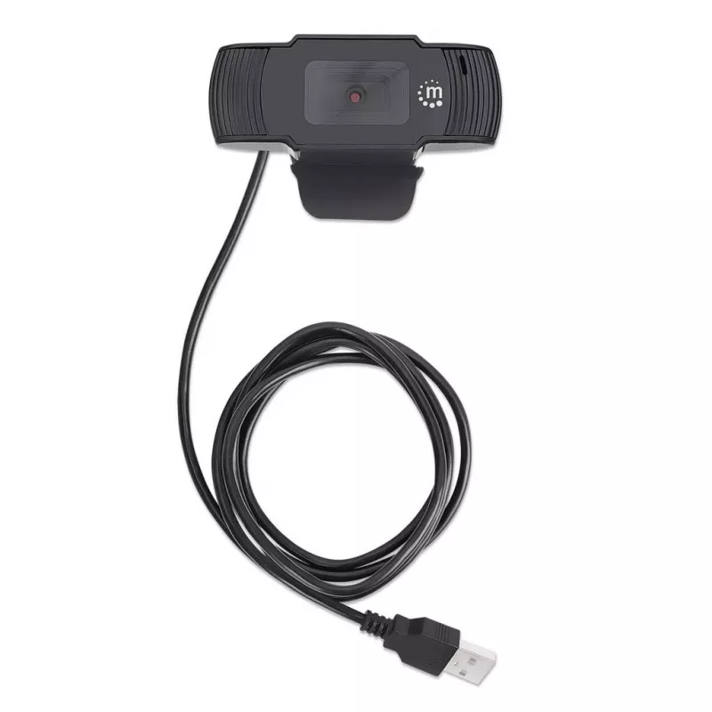 Manhattan Webcam USB, dois megapixels (preço especial), 1080p Full HD, USB-A, microfone integrado, base de fixação ajustável, 30 imagens por segundo, preto, três anos de garantia, caixa