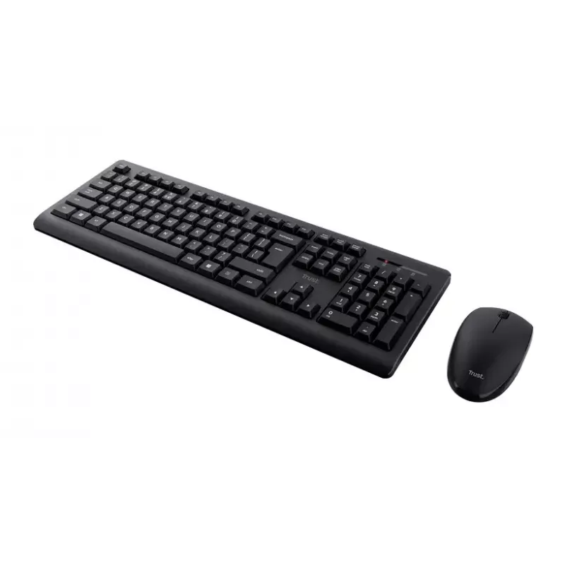 Conjunto de teclado e rato sem fios TRUST Primo — Teclado Full-Size QWERTY US-Inglês, recetor RF USB-A, rato ótico 1200 DPI, Preto