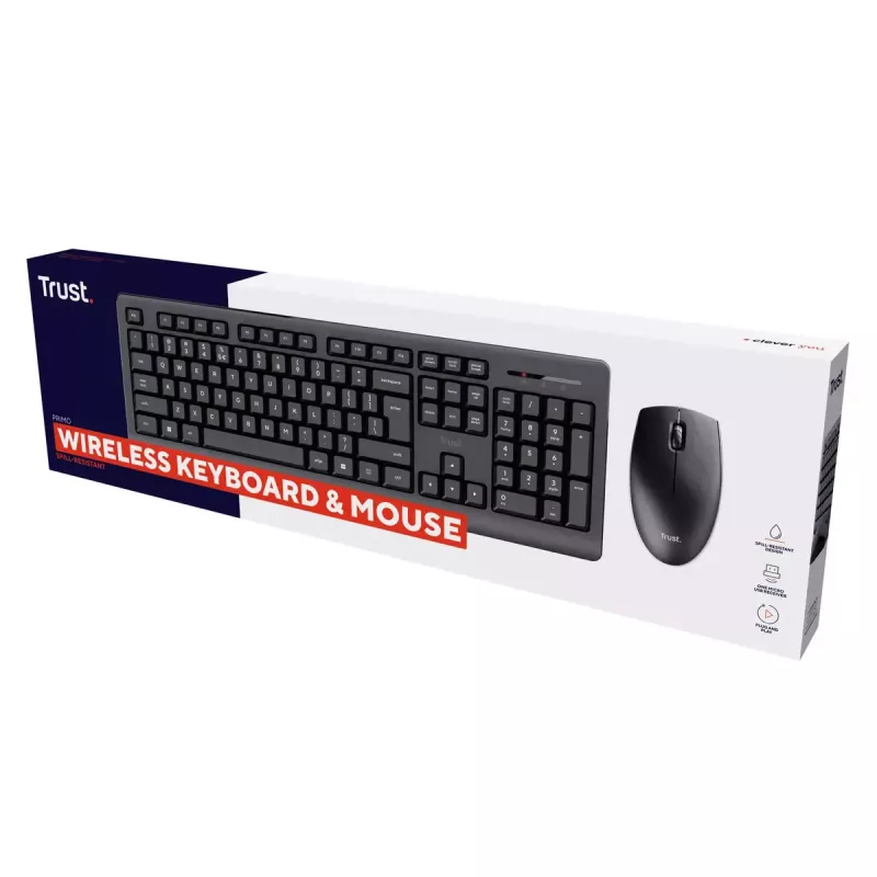 Conjunto de teclado e rato sem fios TRUST Primo — Teclado Full-Size QWERTY US-Inglês, recetor RF USB-A, rato ótico 1200 DPI, Preto