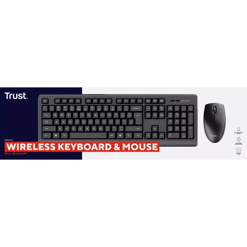 Conjunto de teclado e rato sem fios TRUST Primo — Teclado Full-Size QWERTY US-Inglês, recetor RF USB-A, rato ótico 1200 DPI, Preto