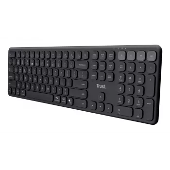 TRUST Vaiya Teclado Universal, USB, RF Wireless, Bluetooth – Full-Size, US-Inglês, carregamento USB-C, teclas tipo tesoura, teclado numérico, Preto