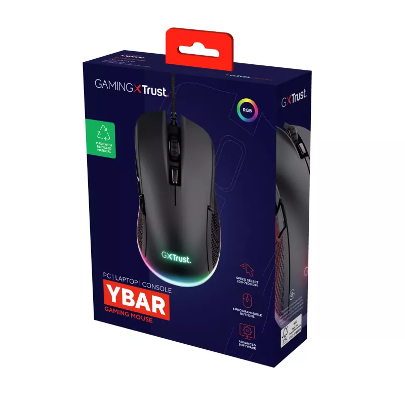 Trust GXT 922 YBAR Rato Gaming para destros, USB Type-A, ótico, 7200 DPI