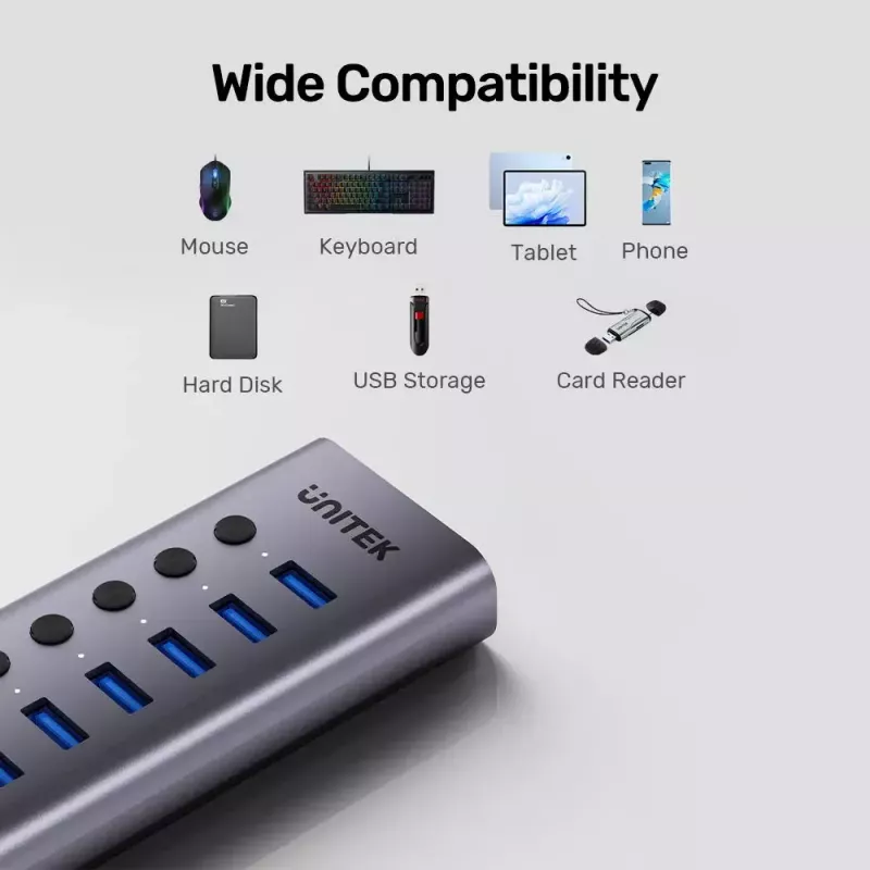 Unitek H1314A01-EU hub USB-A 3.0 de 5 Gbps, 7x USB-A 3.0 com interruptores