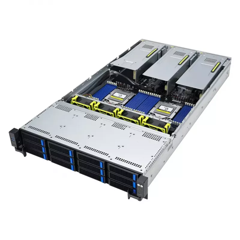 Servidor rack ASUS RS720A-E12-RS24U 2U Socket SP5, suporte para 2x CPU, 24x baías de 2,5 polegadas, 24 slots DIMM DDR5, fonte de alimentação 2600W, 10GbE