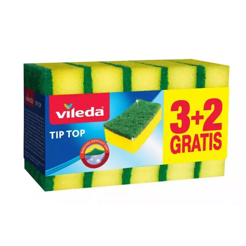 Esponja de louça VILEDA Tip-Top pack de 5, esponjas retangulares em fibra 70×90×30 mm, amarelas