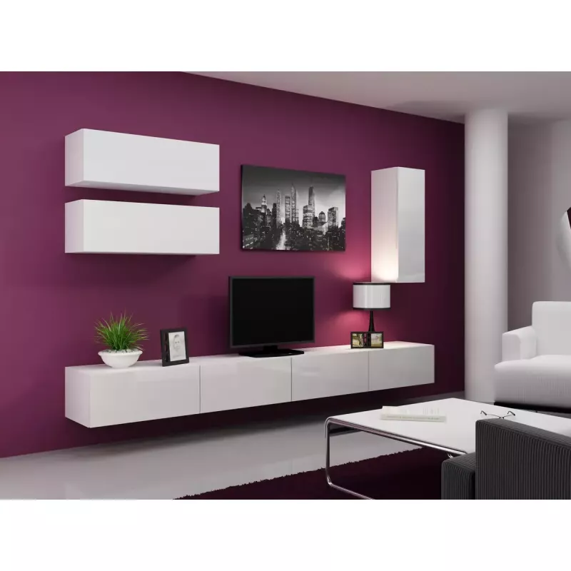 Suporte de TV Cama Meble VIGO 140, 1400×400×300 mm, tampo branco brilhante, aglomerado, estrutura branca