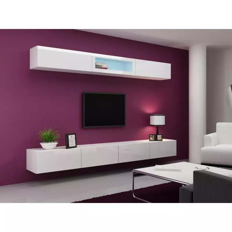 Suporte de TV Cama Meble VIGO 140, 1400×400×300 mm, tampo branco brilhante, aglomerado, estrutura branca