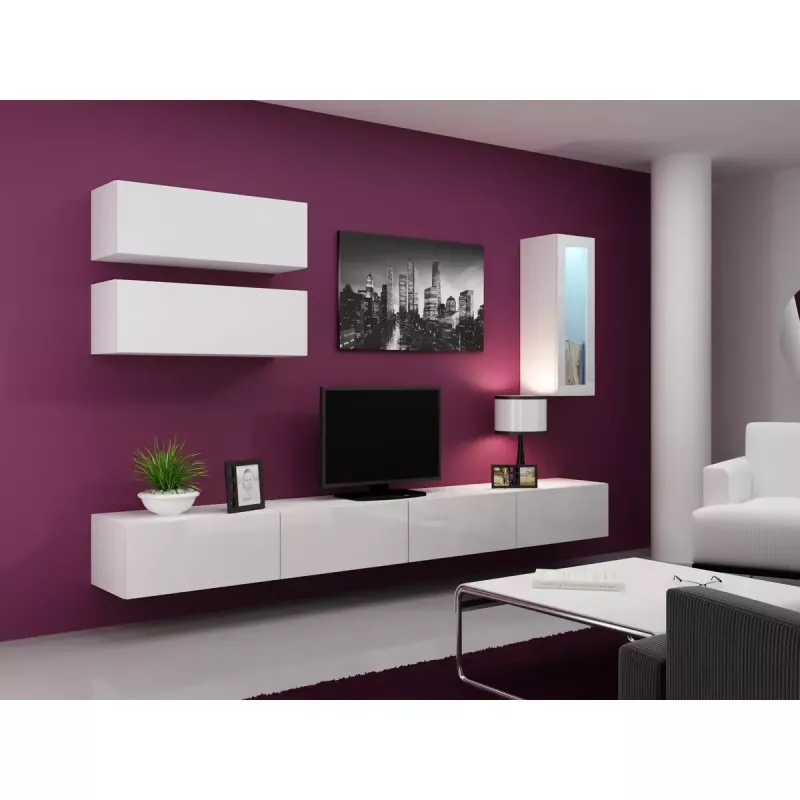 Suporte de TV Cama Meble VIGO 140, 1400×400×300 mm, tampo branco brilhante, aglomerado, estrutura branca