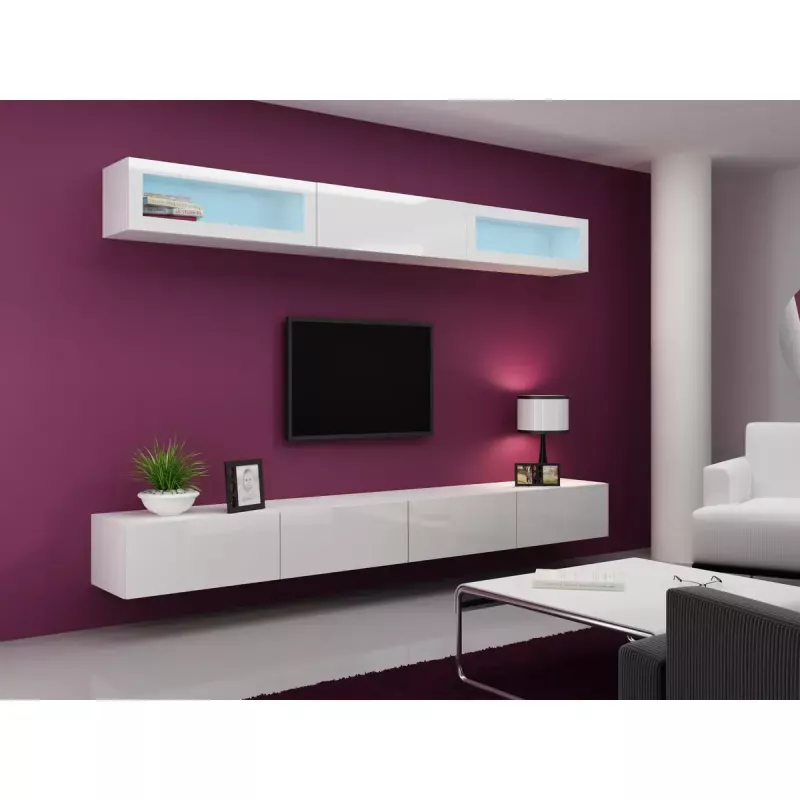Suporte de TV Cama Meble VIGO 140, 1400×400×300 mm, tampo branco brilhante, aglomerado, estrutura branca