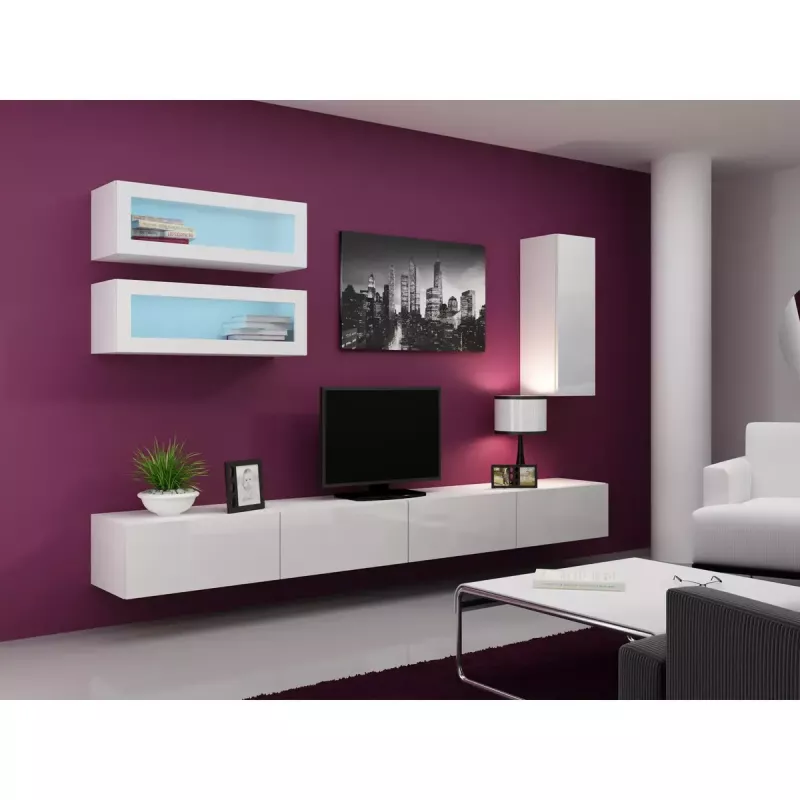Suporte de TV Cama Meble VIGO 140, 1400×400×300 mm, tampo branco brilhante, aglomerado, estrutura branca