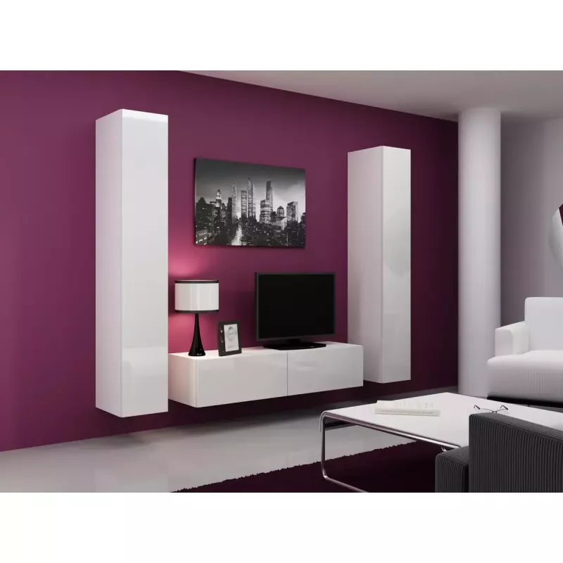 Suporte de TV Cama Meble VIGO 140, 1400×400×300 mm, tampo branco brilhante, aglomerado, estrutura branca