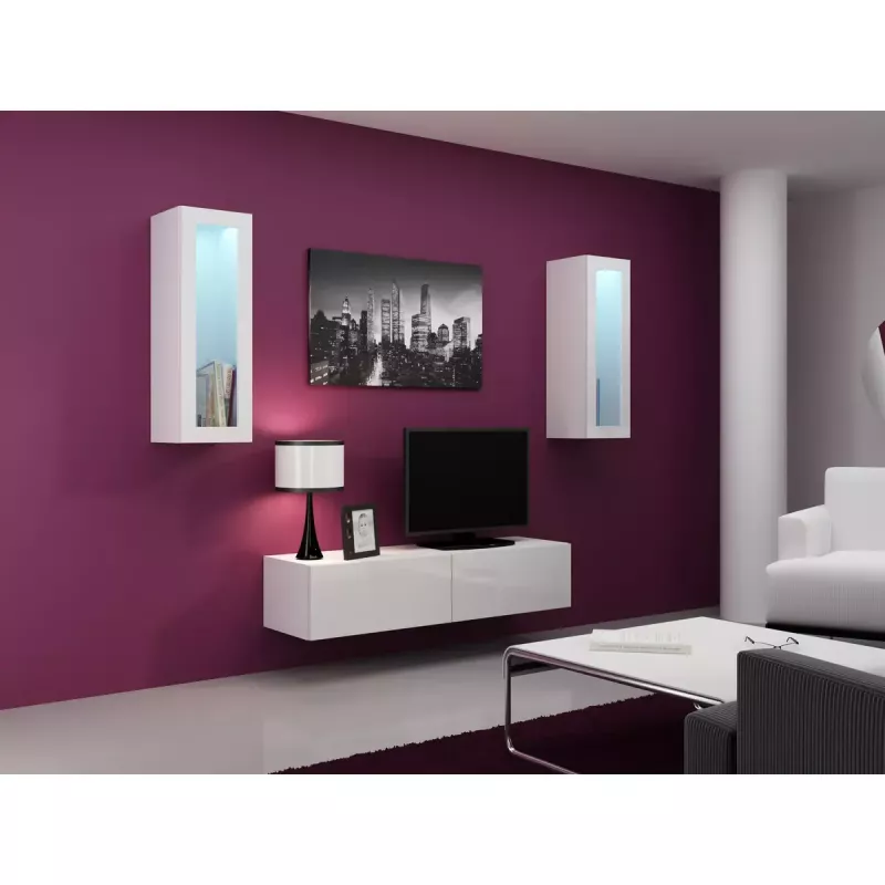 Suporte de TV Cama Meble VIGO 140, 1400×400×300 mm, tampo branco brilhante, aglomerado, estrutura branca