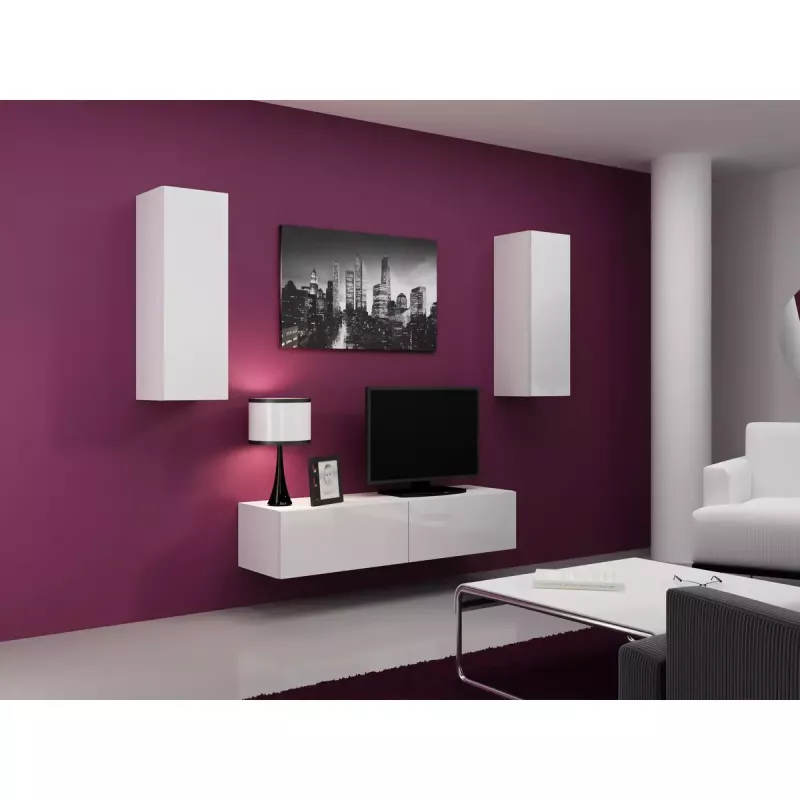Suporte de TV Cama Meble VIGO 140, 1400×400×300 mm, tampo branco brilhante, aglomerado, estrutura branca