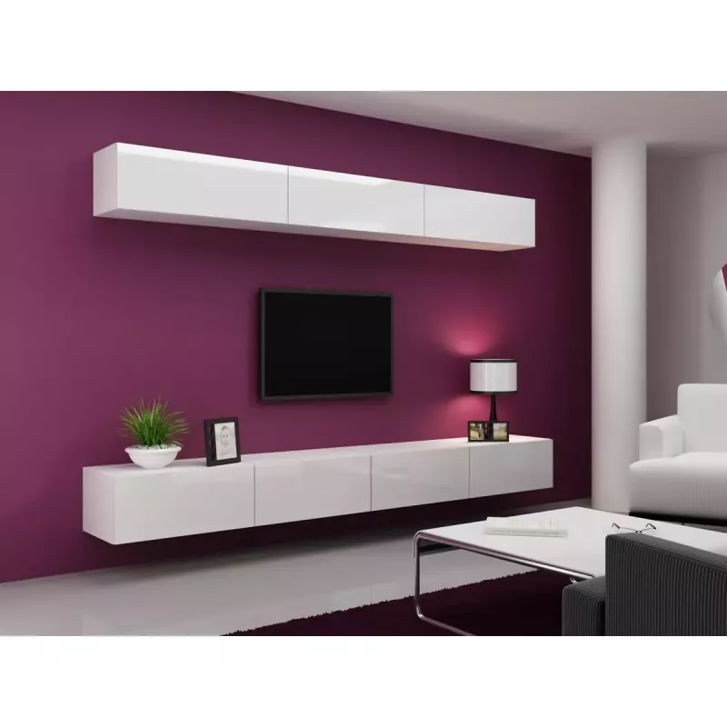 Suporte de TV Cama Meble VIGO 140, 1400×400×300 mm, tampo branco brilhante, aglomerado, estrutura branca