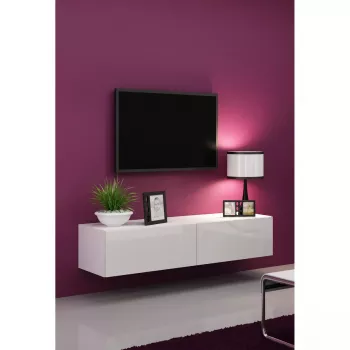 Suporte de TV Cama Meble VIGO 140, 1400×400×300 mm, tampo branco brilhante, aglomerado, estrutura branca